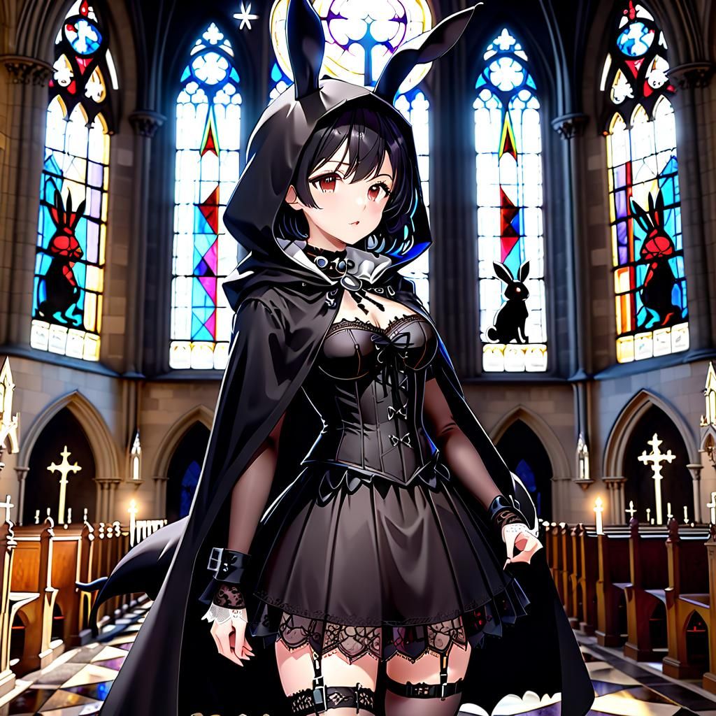 Gothic Anime Girl in Moonlit Church