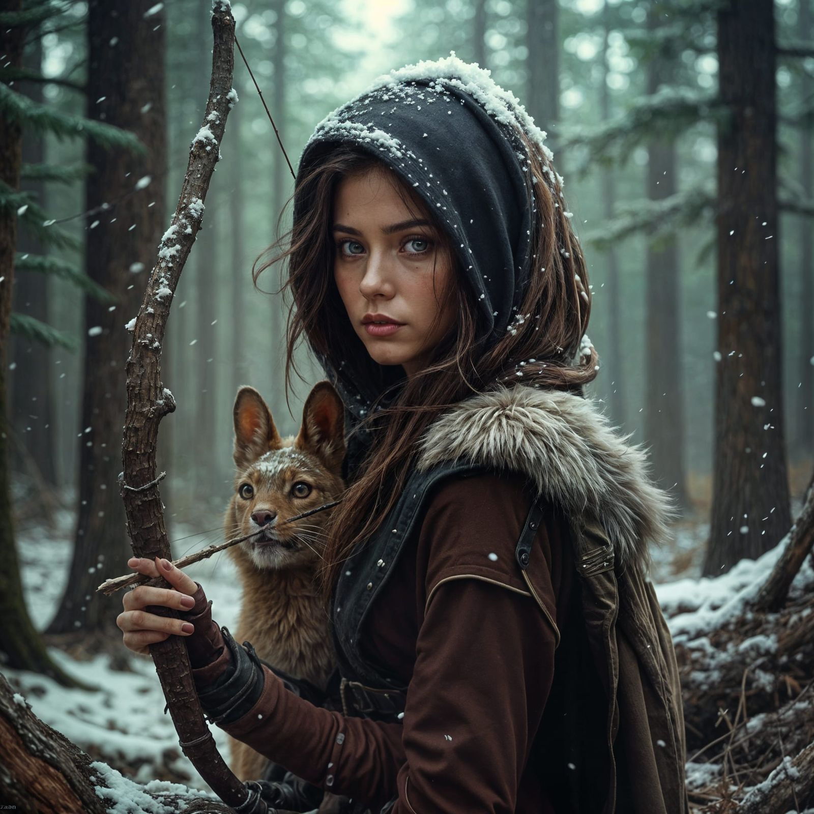 Hunter Elioaré in Snowy Forest with Wolf Companion