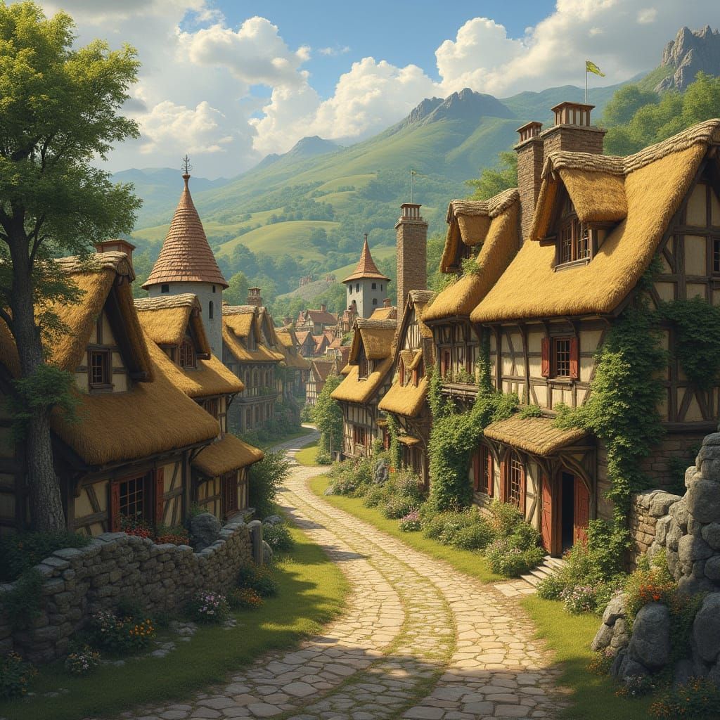 Medieval Village in Rolling Hills, Fantasy Art