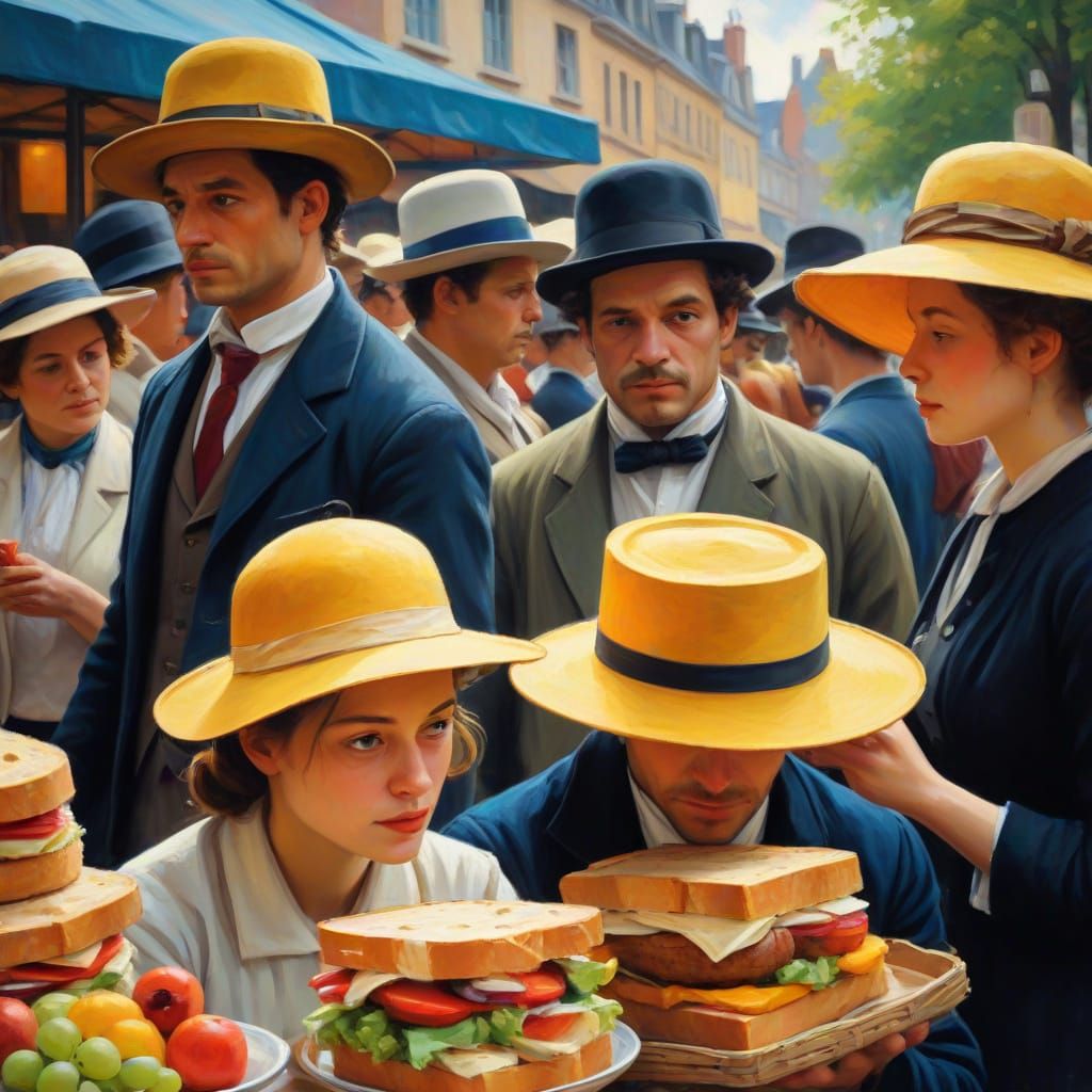 Vibrant Post-Impressionist Market Scene with Food Hats