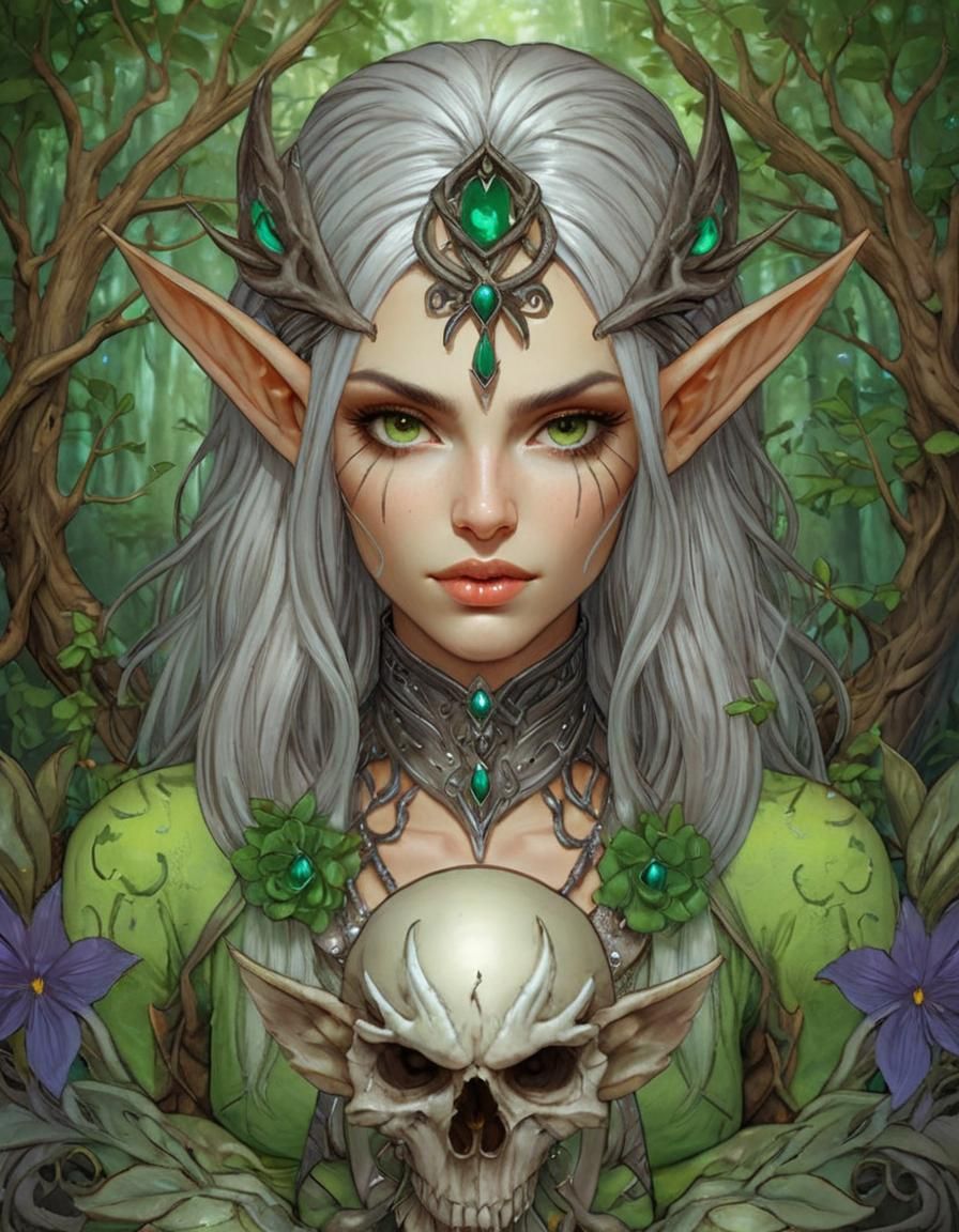 (Detailed Illustration of a Elven Druid woman holding a  lar...