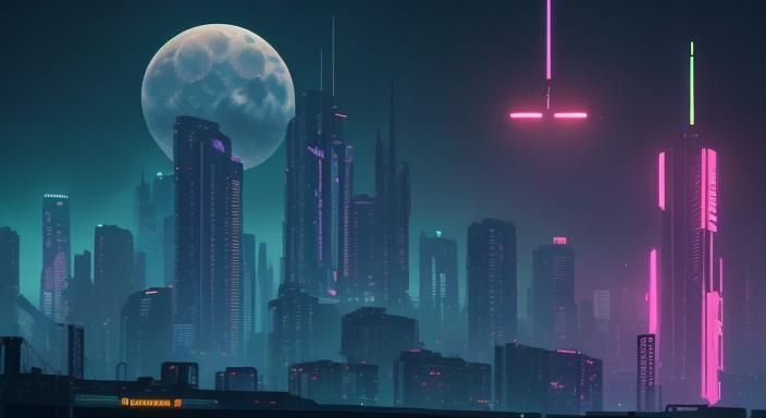 Cyberpunk Cityscape Under Neon Moonlight