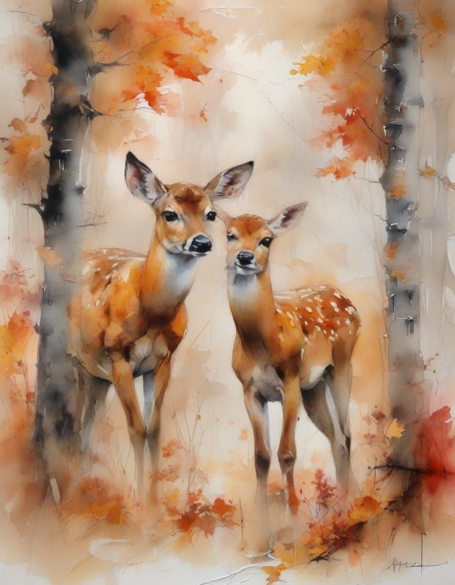 Two Fawns in Autumn Forest