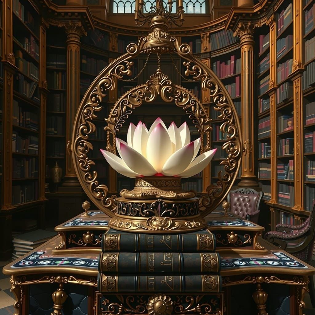 Golden Lotus of Majesty on Ornate Baroque Desk