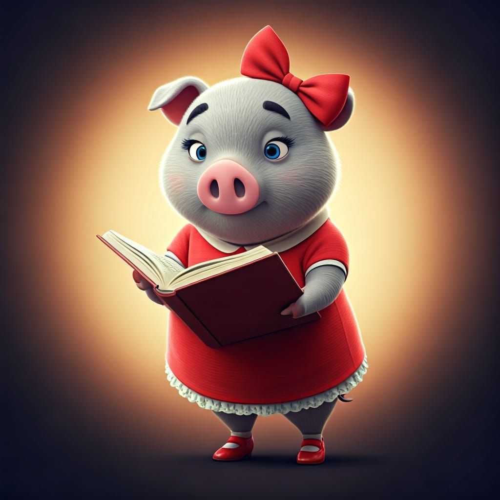 Gray Piglet in Red Dress: 3D Digital Art