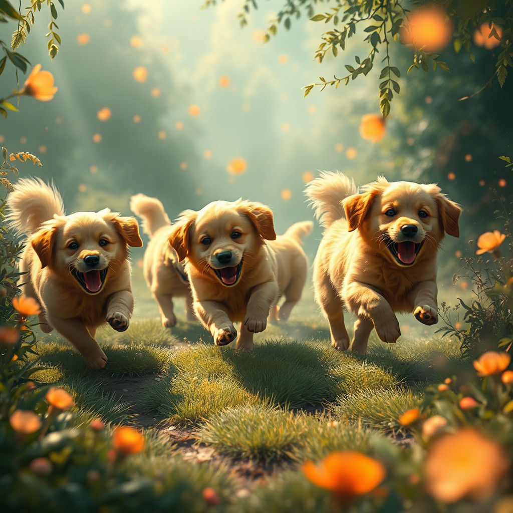 Whimsical Golden Retrievers in Enchanted Landscape