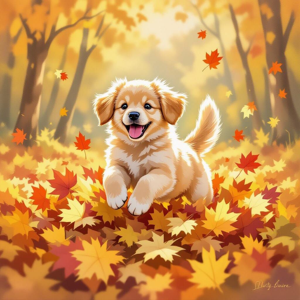 Golden Retriever Puppy Leaps Into Autumn Leaves Watercolor