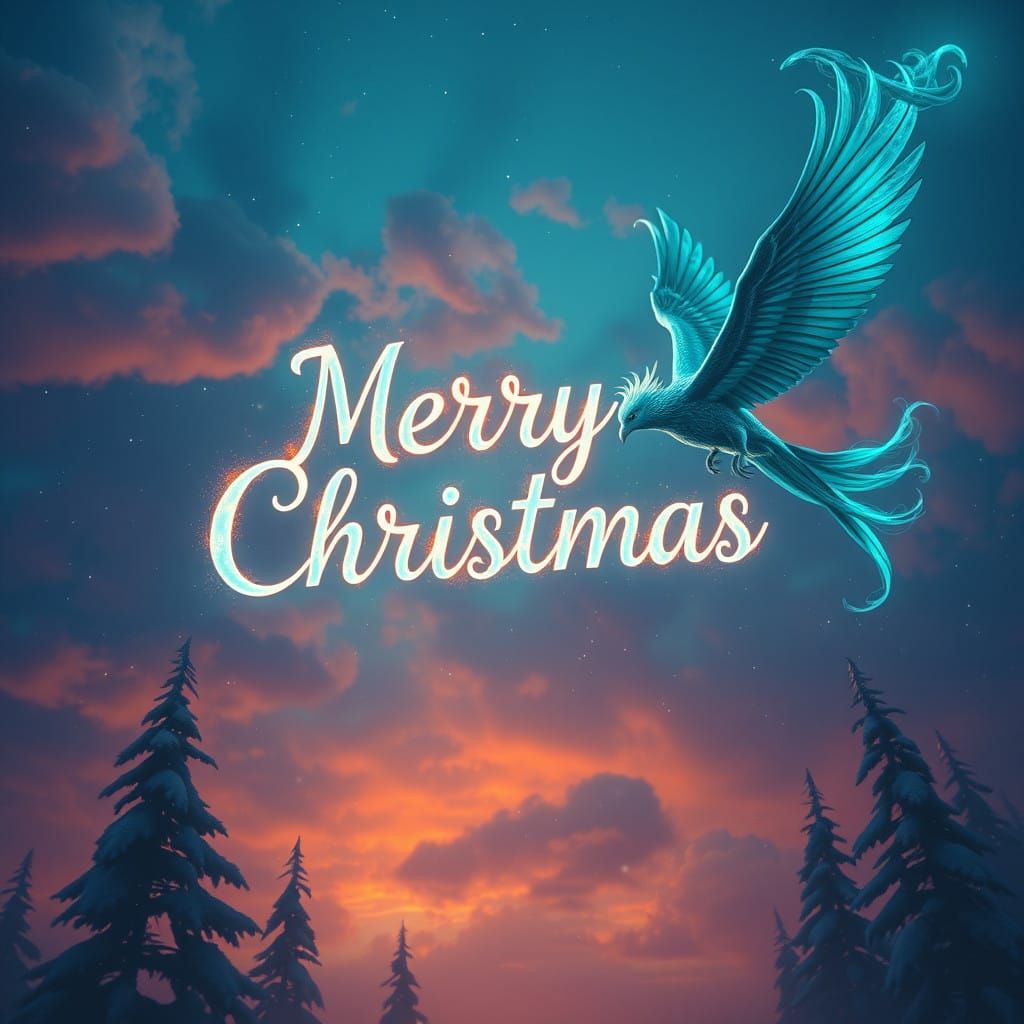 Merry Christmas Scene in Teal Fire and Fantasy