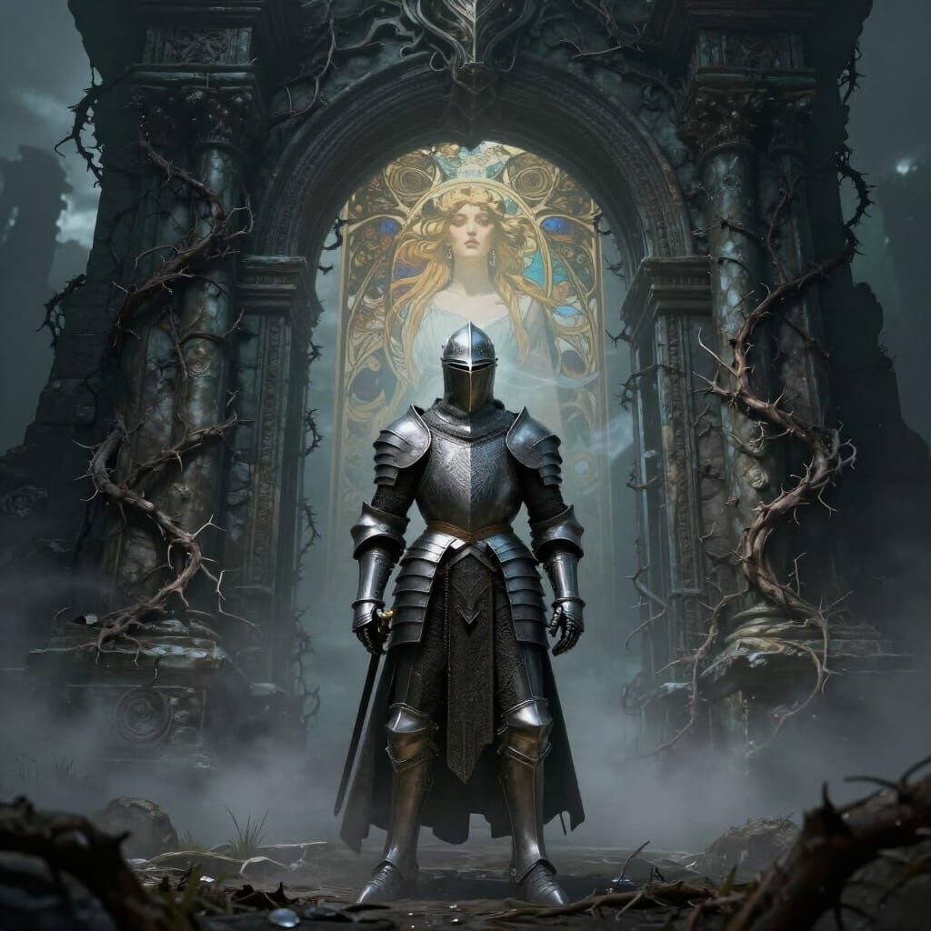 Gothic Knight at Ancient Gateway in Dark Fantasy Style