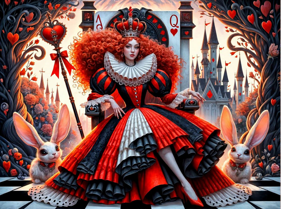 Red-Haired Queen of Hearts on Chessboard