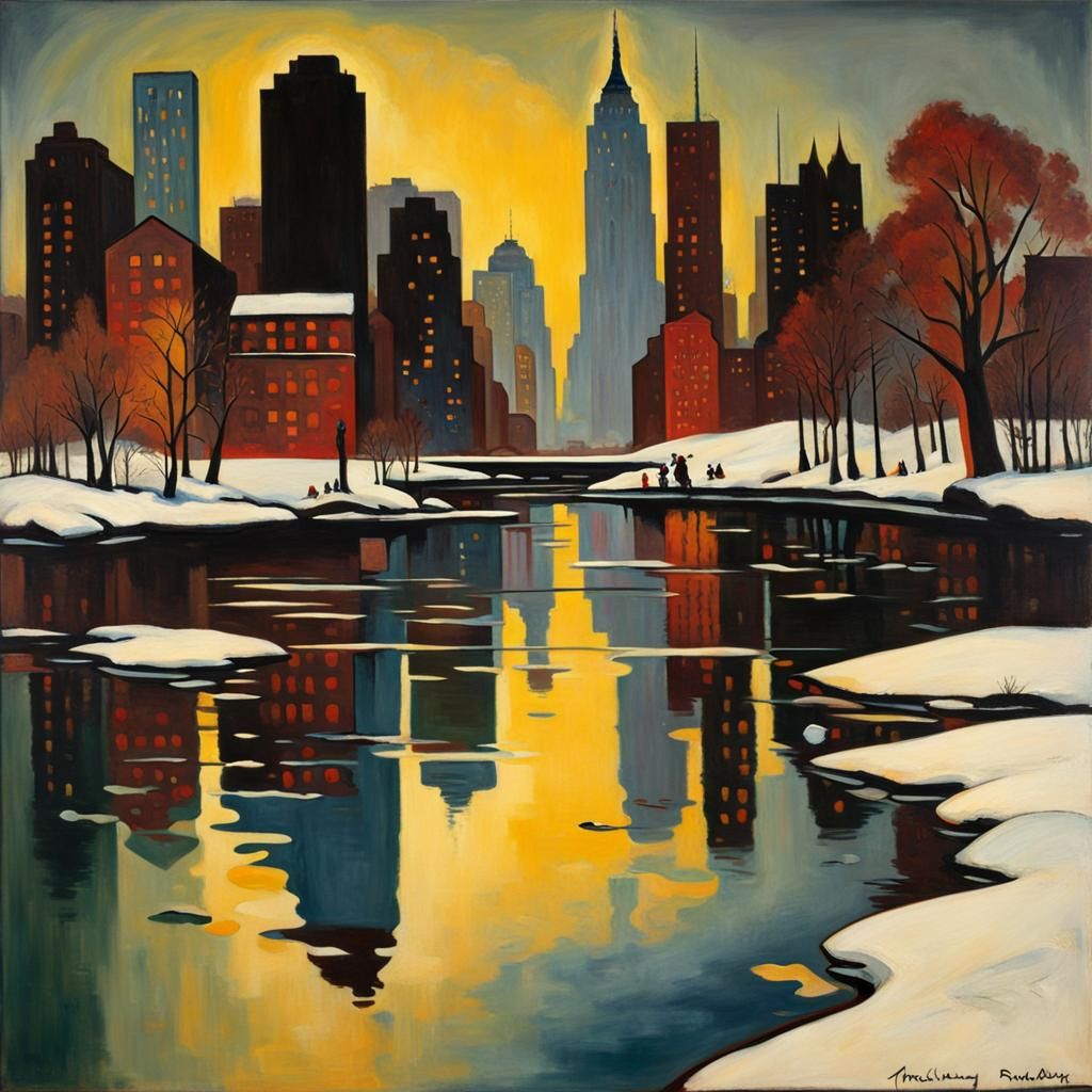 20th Century Winter Skyline in Warm Deep Colors