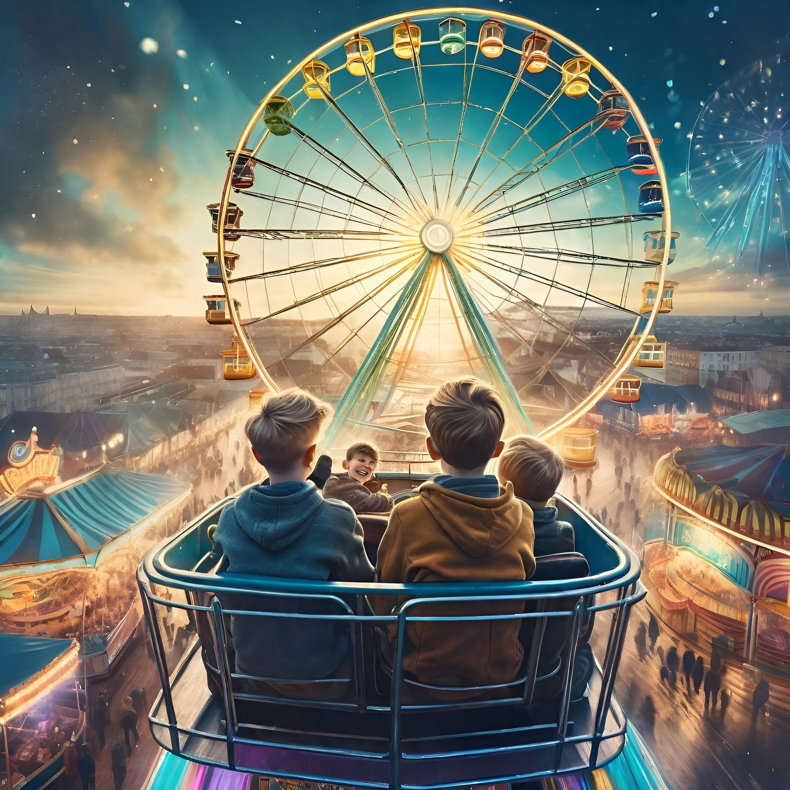 Boys Ride Ferris Wheel Over Bustling Fairground