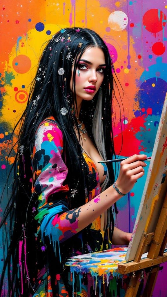Young Woman with Vibrant Hair and Colors Paints in a Whimsic...