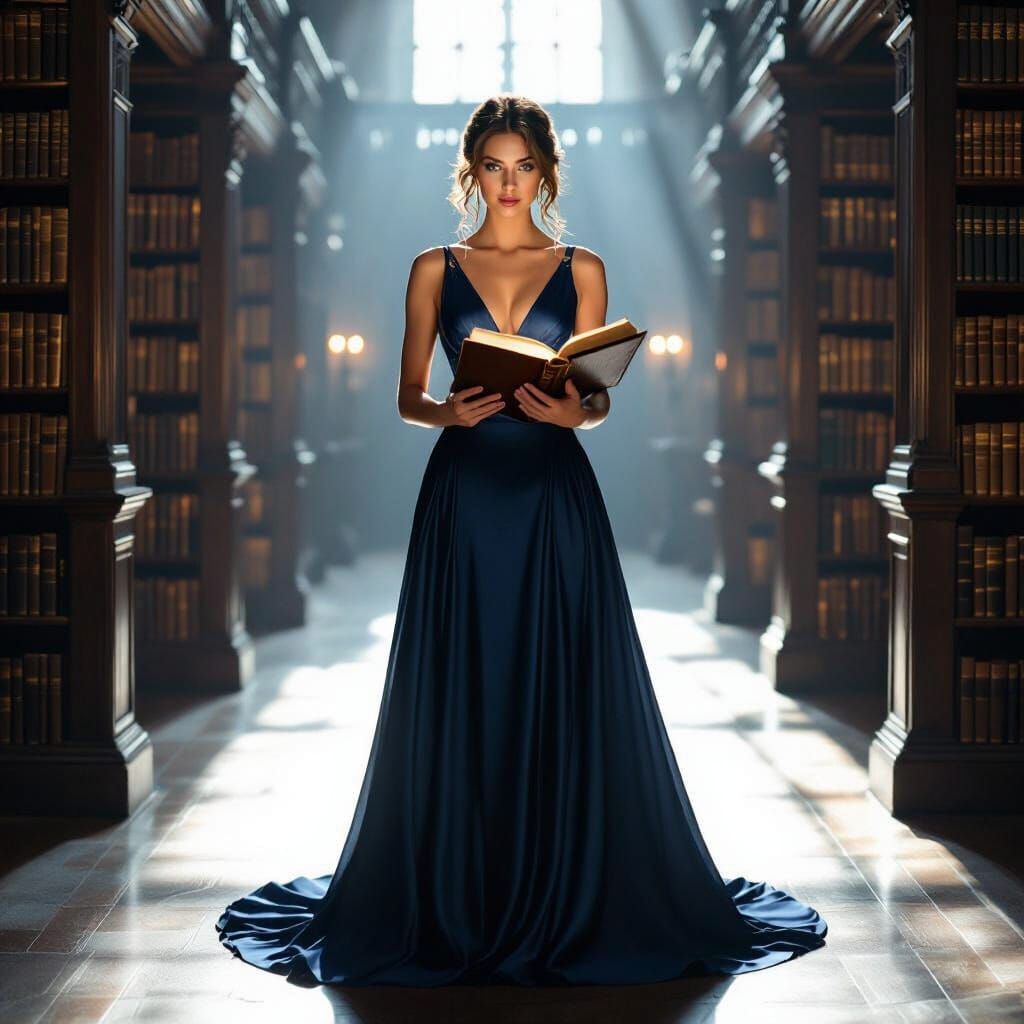 Woman in Blue Gown Reading in Old Library
