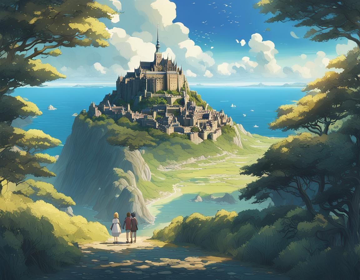 Fantasy Mont Saint Michael Island Scene with Whimsical Coupl...