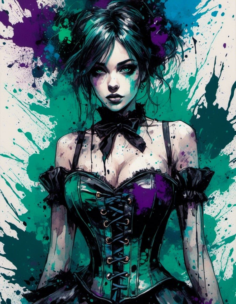 Elegant Dark Fantasy Portrait in Ink Splatter Art Style