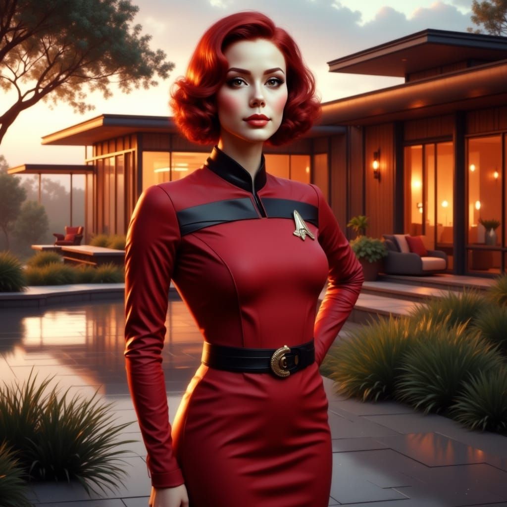 Starfleet Officer Before Frank Lloyd Wright Home at Sunset