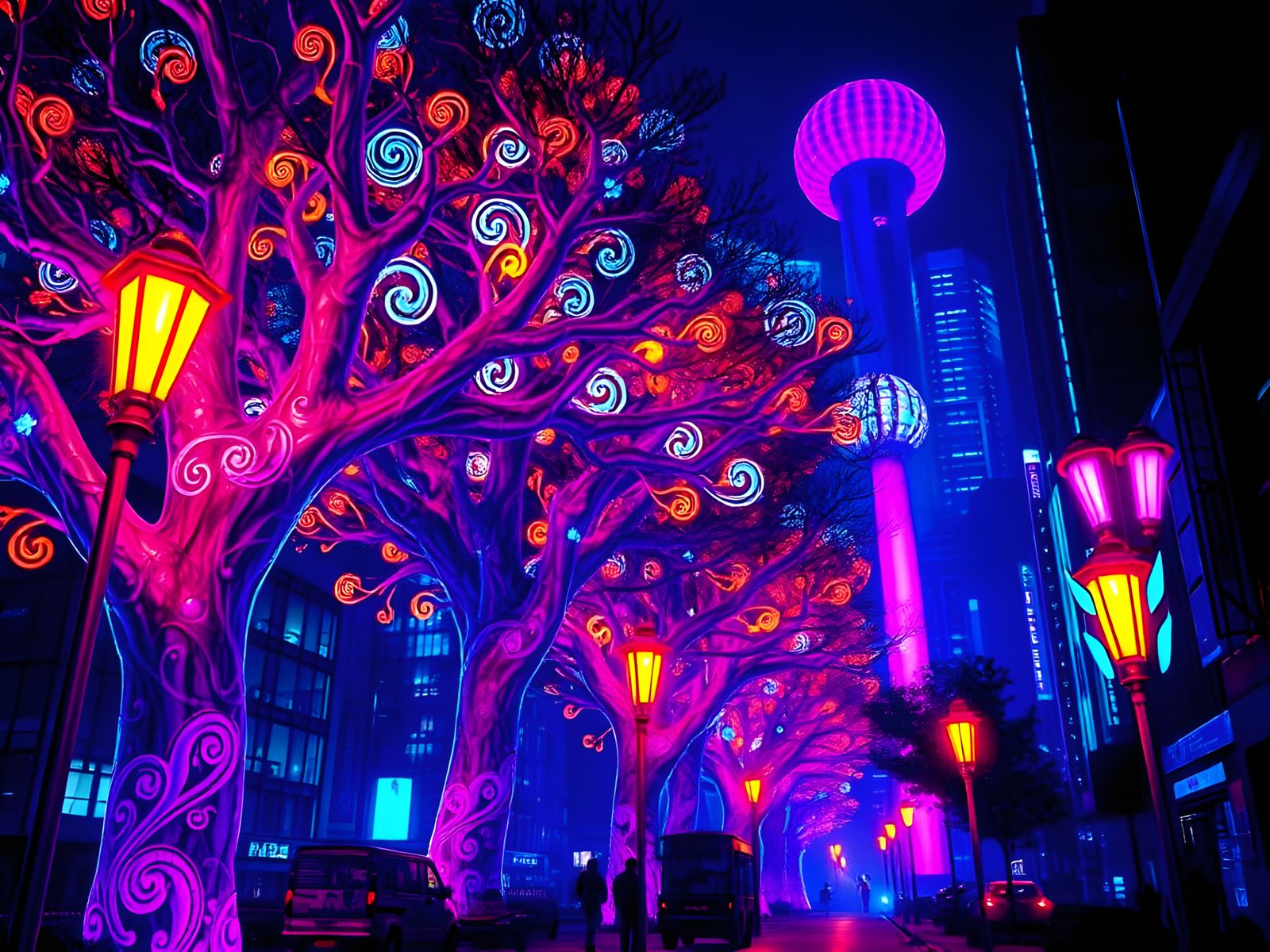 Vibrant Neon Trees Illuminate a Futuristic Boulevard in Cybe...