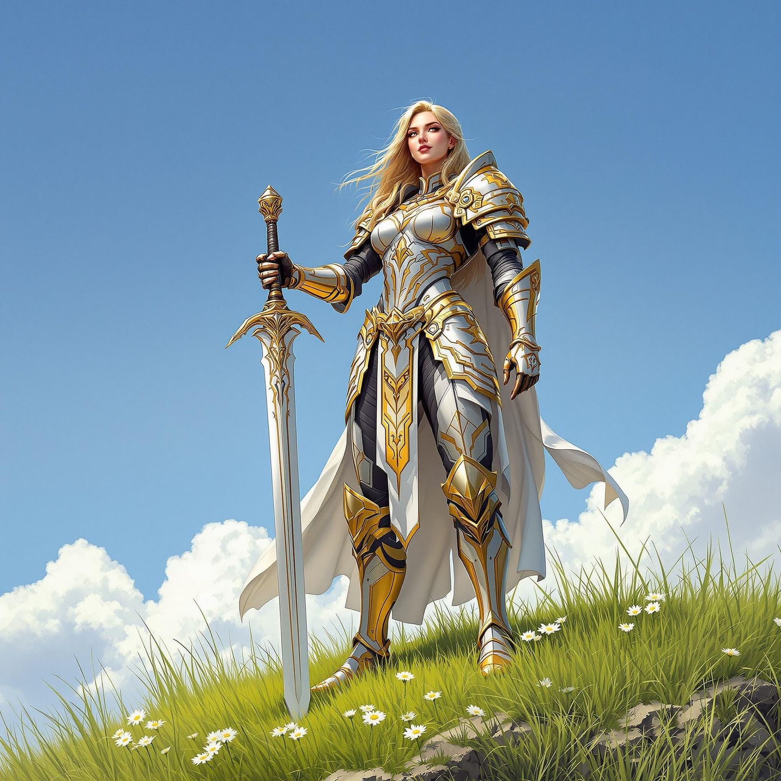 Female Paladin in Golden Armor with Greatsword