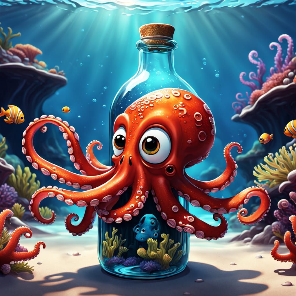 Stylized Cartoon Octopus Wraps Tentacles Around an Empty Bot...