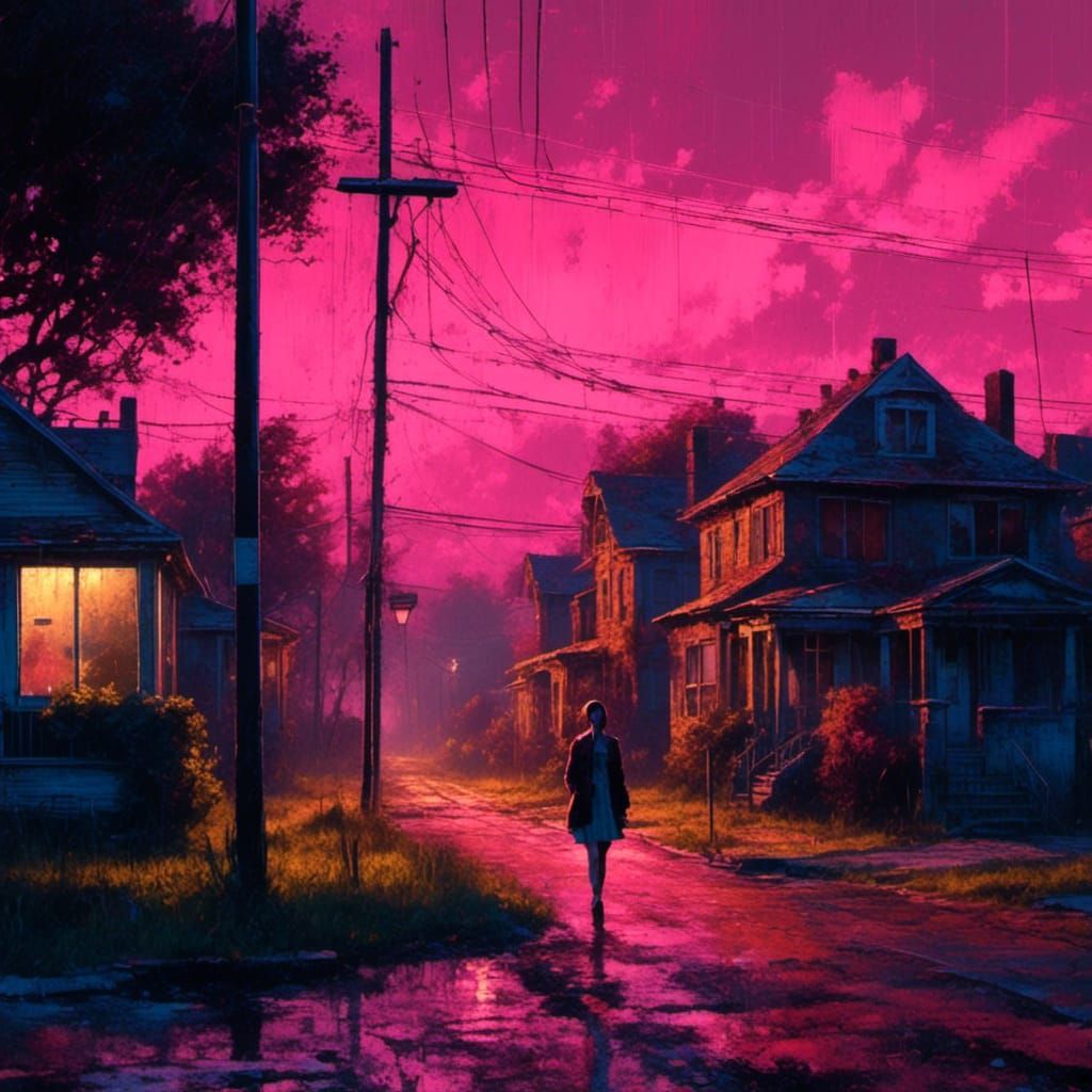 Suburban scene, single street light, solo woman, portrait, oil painting <lora:Distressed Mind:1.0>