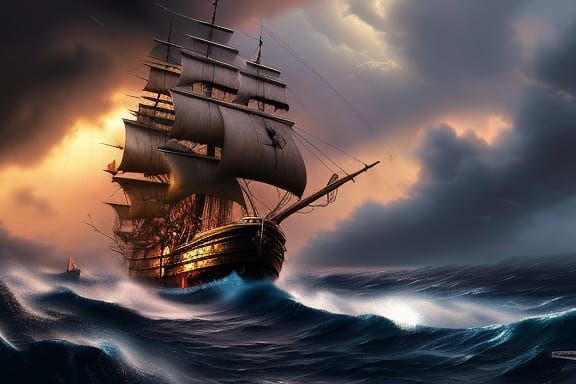Chaotic Pirate Ship Amidst Raging Storm
