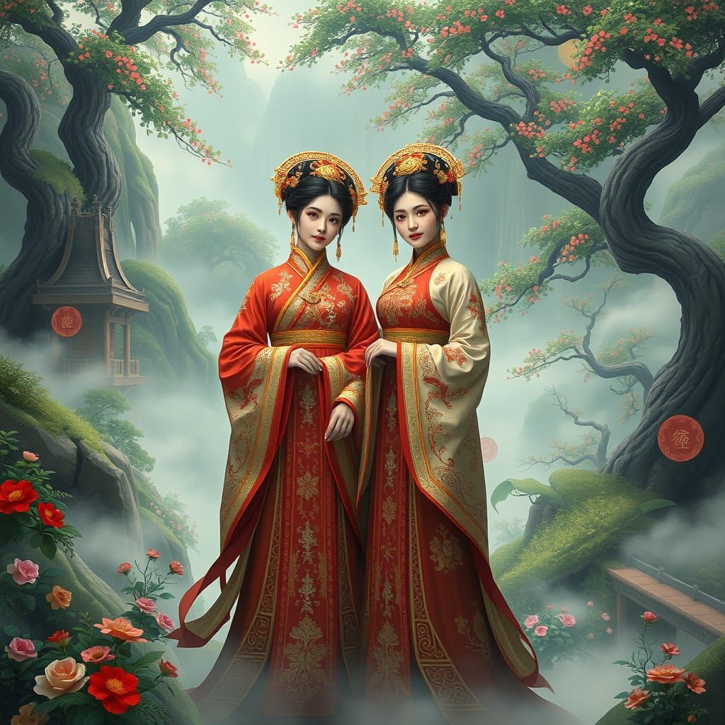 Sisters in Ancient Chinese Fantasy Landscape