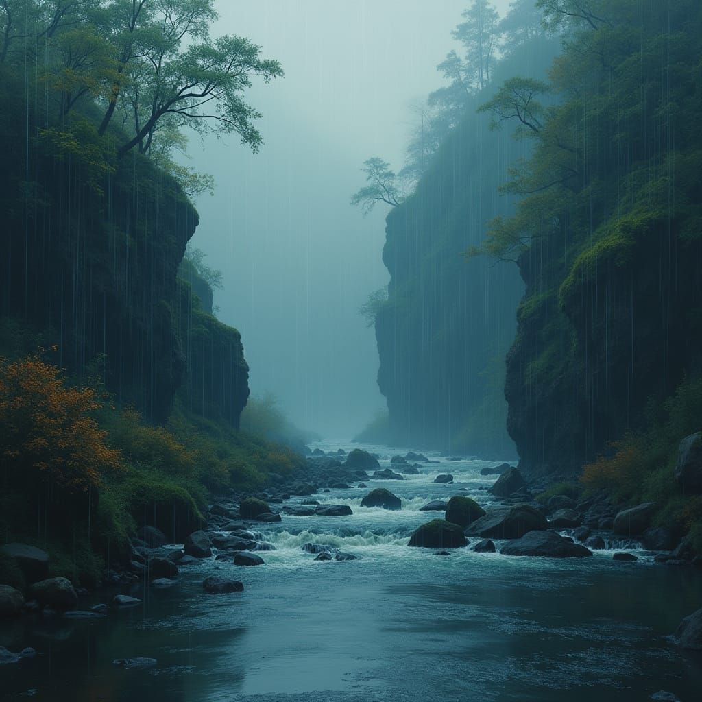 Rainy River in Dark Oil Painting Style