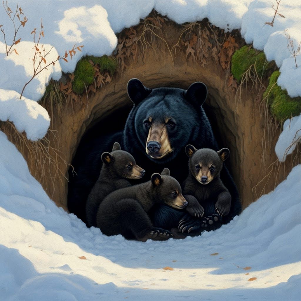 Black Bear Family in Winter Den