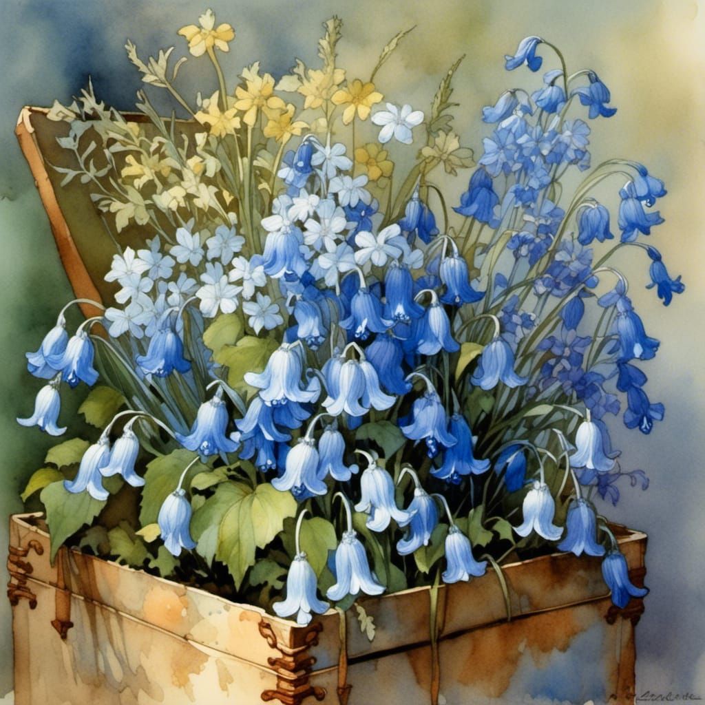 Delicate Blue Floral Bouquet in a Rusty Watercolour Box