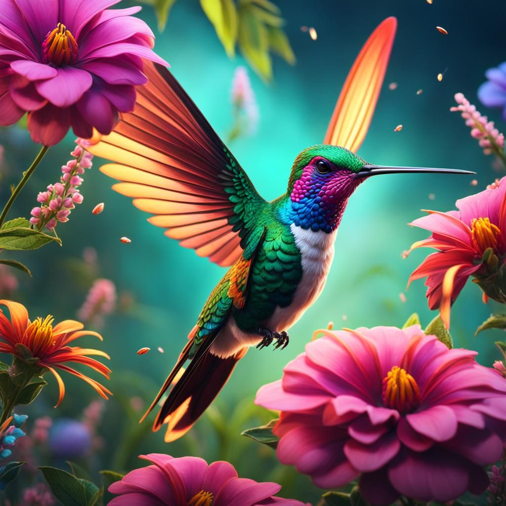 Magnificent Hummingbird in Vibrant Floral Paradise