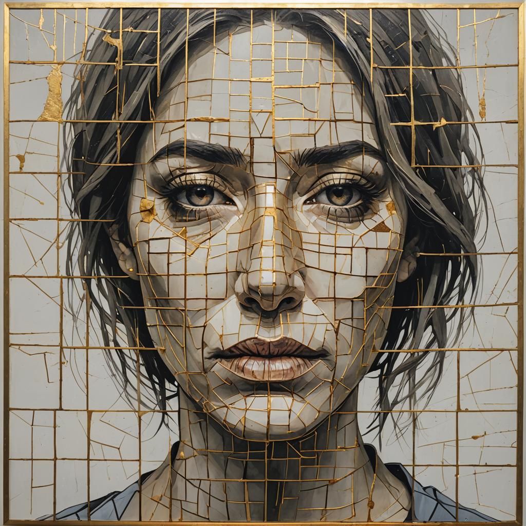 Grid Overlay on Kintsugi Acrylic Portrait