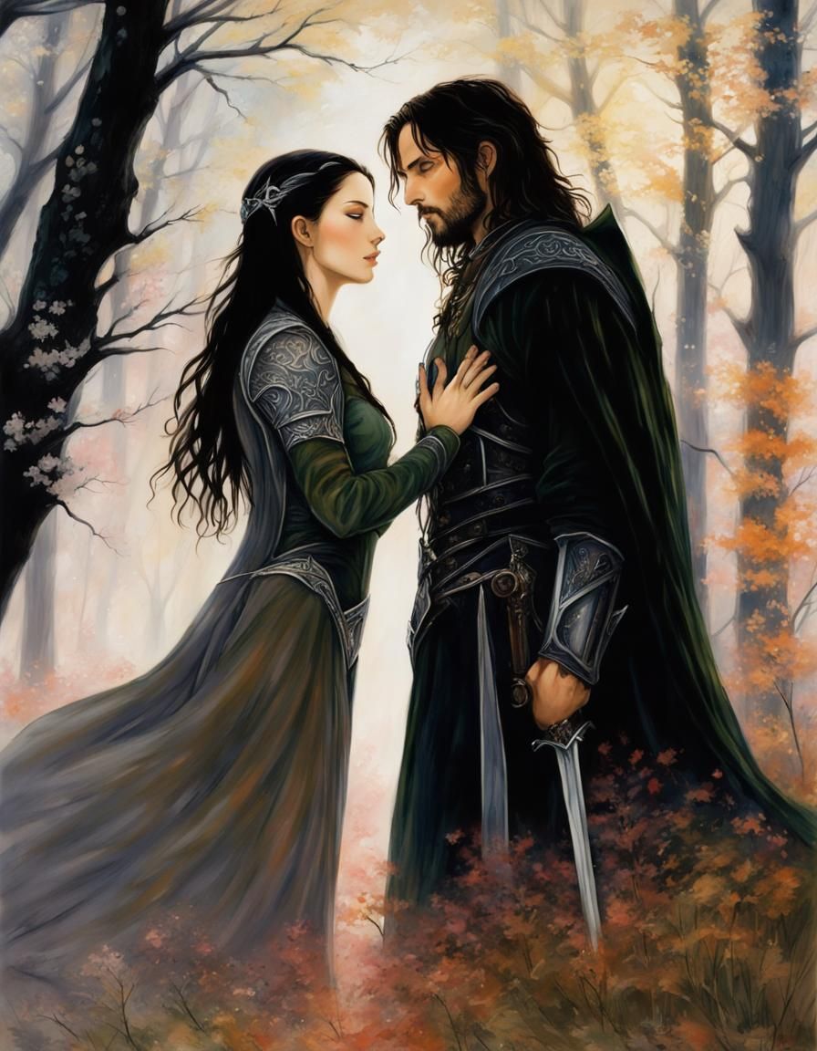 Amano-Inspired Aragorn and Arwen in Arcanepunk Setting