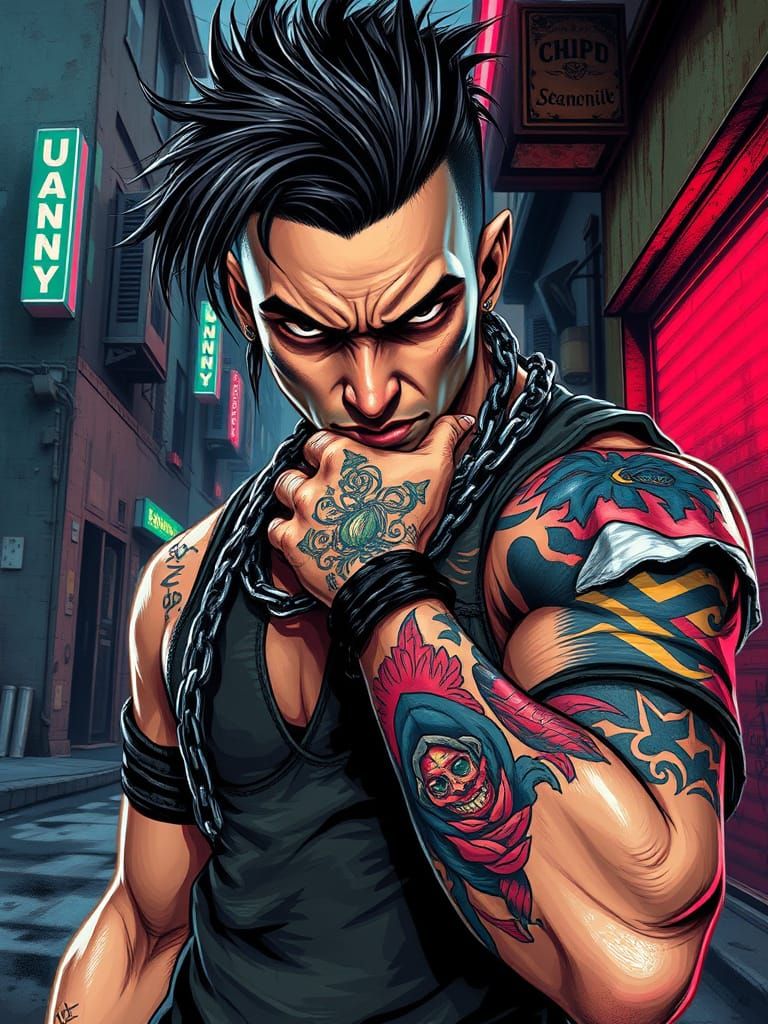 Punk Figure with Chains in Acrylic Drawing Style