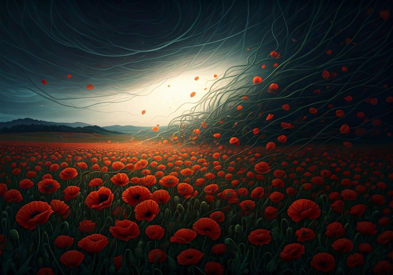 Stormy Poppy Landscape in Whimsical, Dreamlike Style
