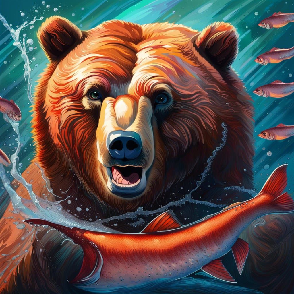 Grizzly Bear Intercepts Salmon Fish in Hyperrealistic Splash...