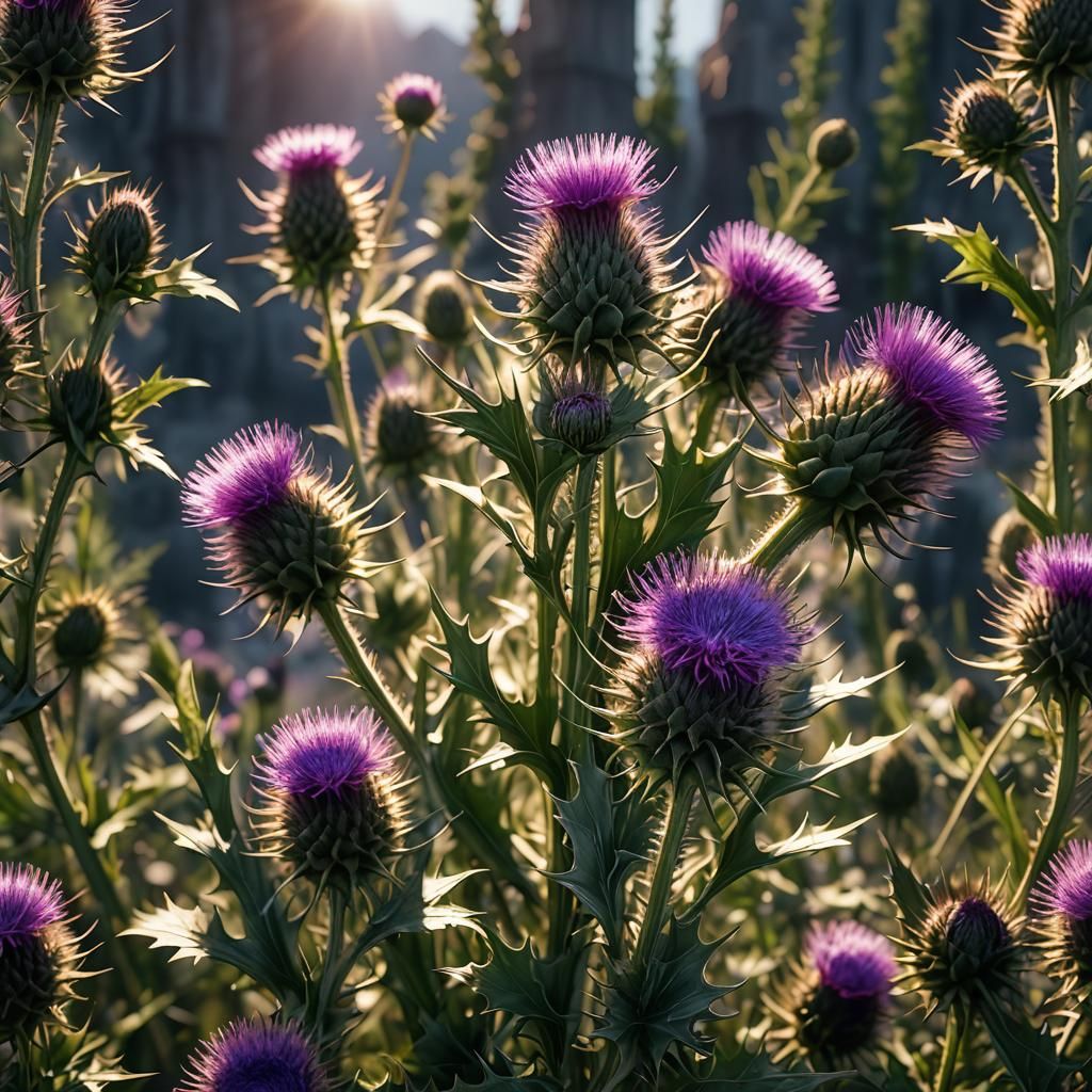 Surreal Thistle Blooms in Vibrant Sunlight as Fantasy Concep...
