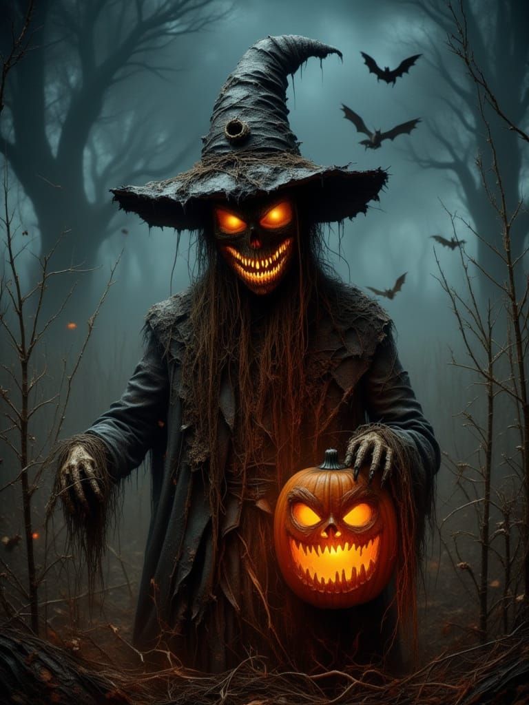 Terrifying Scarecrow with Glowing Jack-o'-Lantern Head