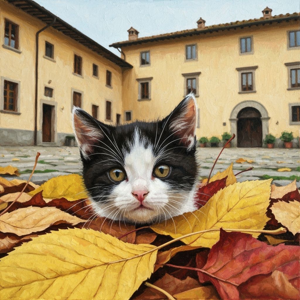 Kitten Peeking Through Autumn Leaves in Italian Courtyard