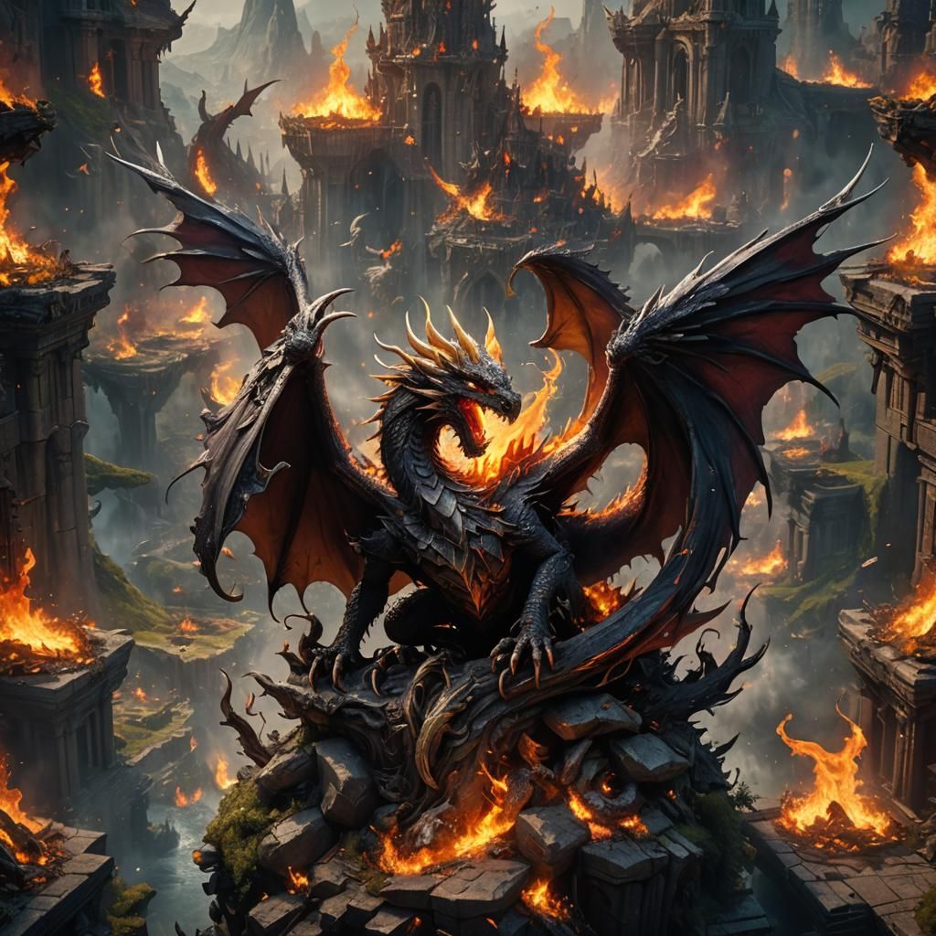 Surreal Landscape of Inferno with Angel of Death, Dragons, a...