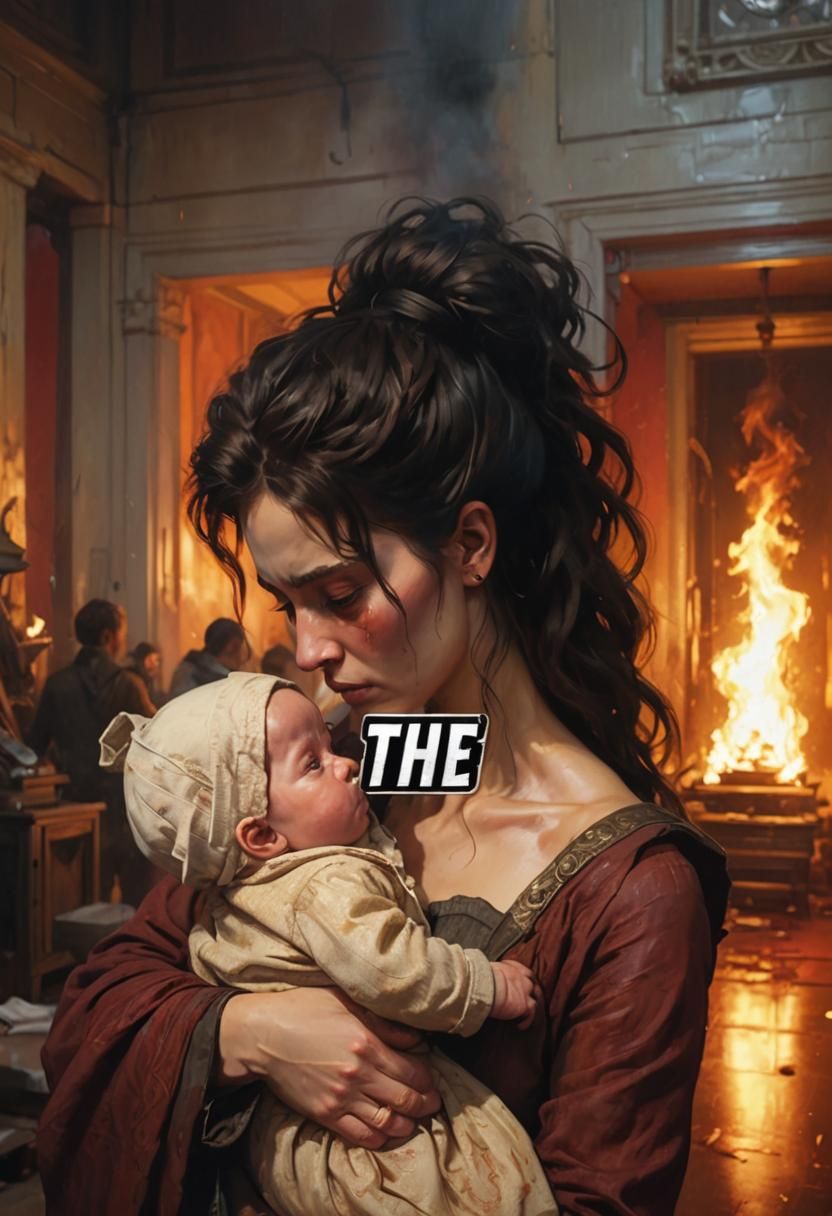 Heartbroken Mother and Child in Fiery Abyss