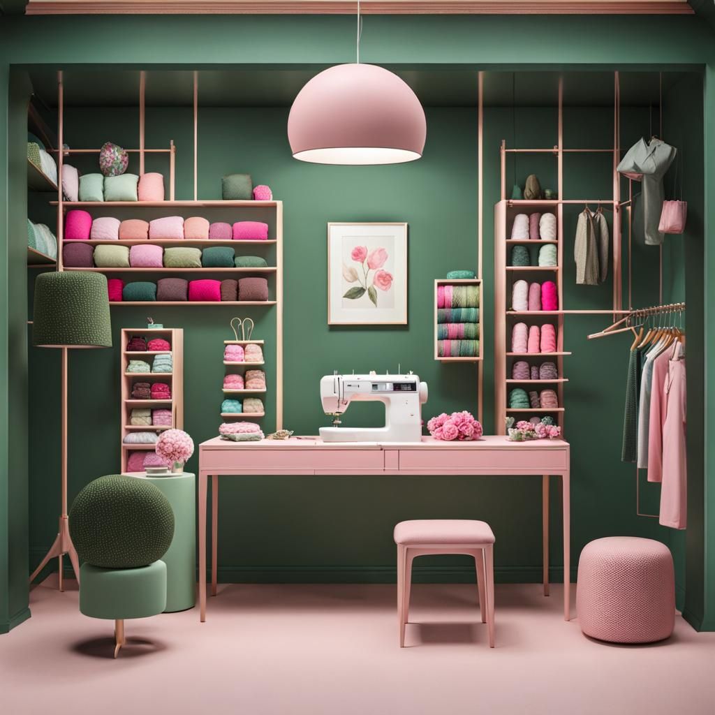 Sewing Boutique in Green Pink Minimalism
