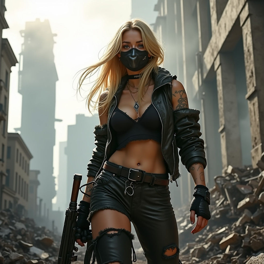 Gritty Dystopian Female Warrior in War-Torn Cityscape