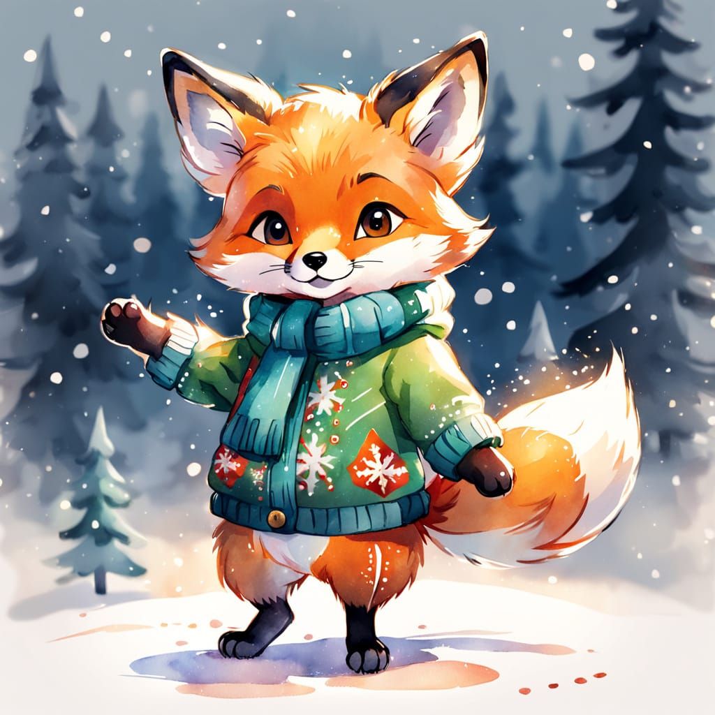 Christmas Fox Cub in Watercolor Sketch Style