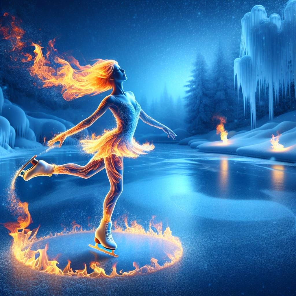 Ethereal Fire and Ice Skater in Winter Wonderland