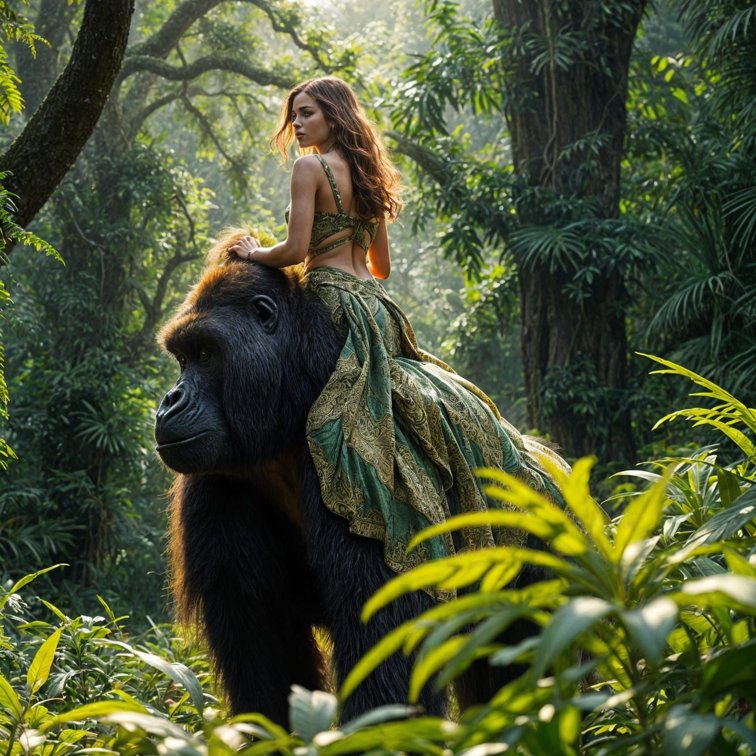 Woman Rides Gorilla Through Lush Jungle