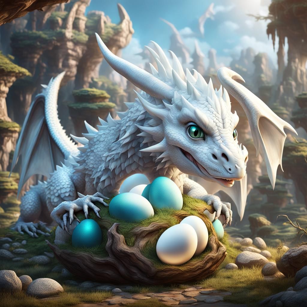 Cute White Dragon Hugs Eggs in Fantastical, Detailed Matte P...