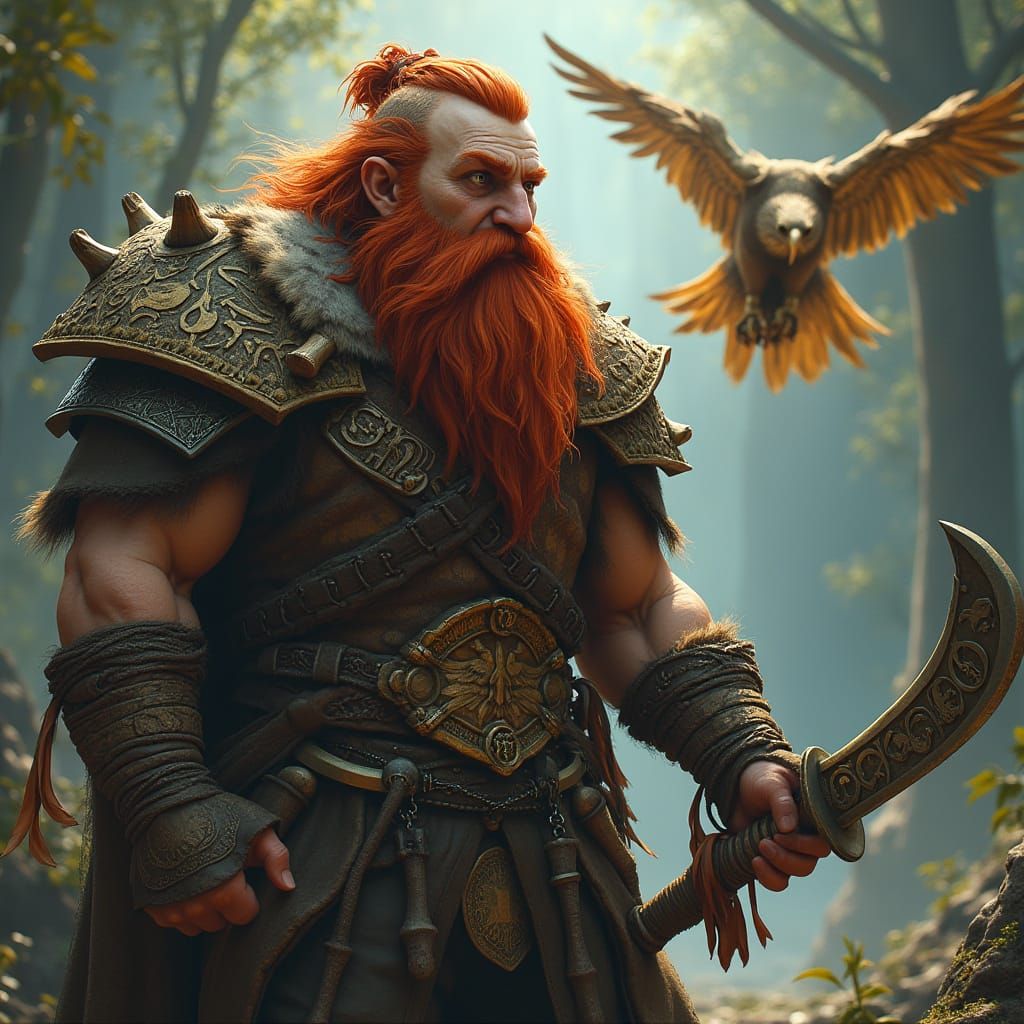 Dwarf Warrior with Golden Eagle, in High-Fantasy Concept Art...