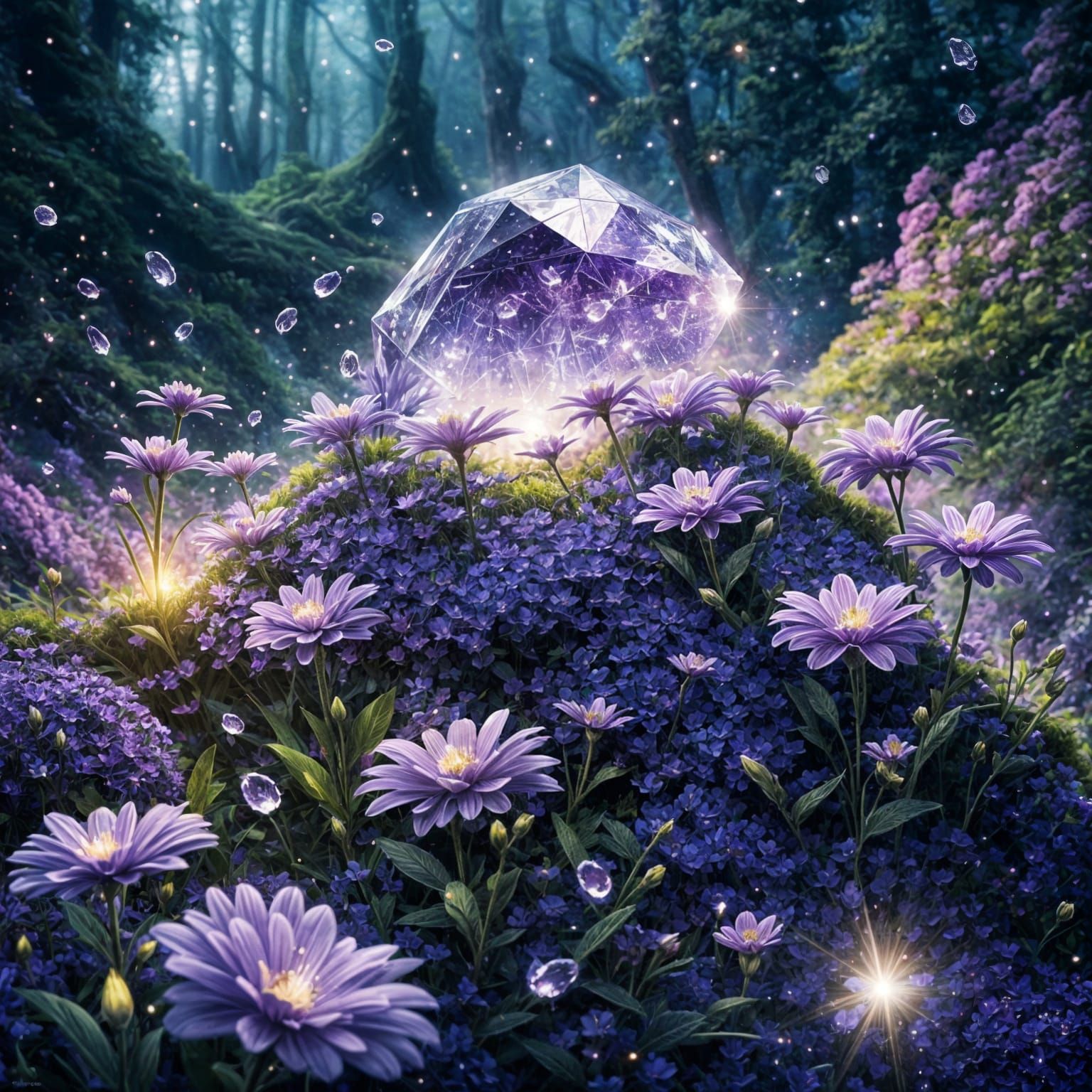 Ethereal Amethyst Crystal Amidst Vibrant Blooms and Fireflie...