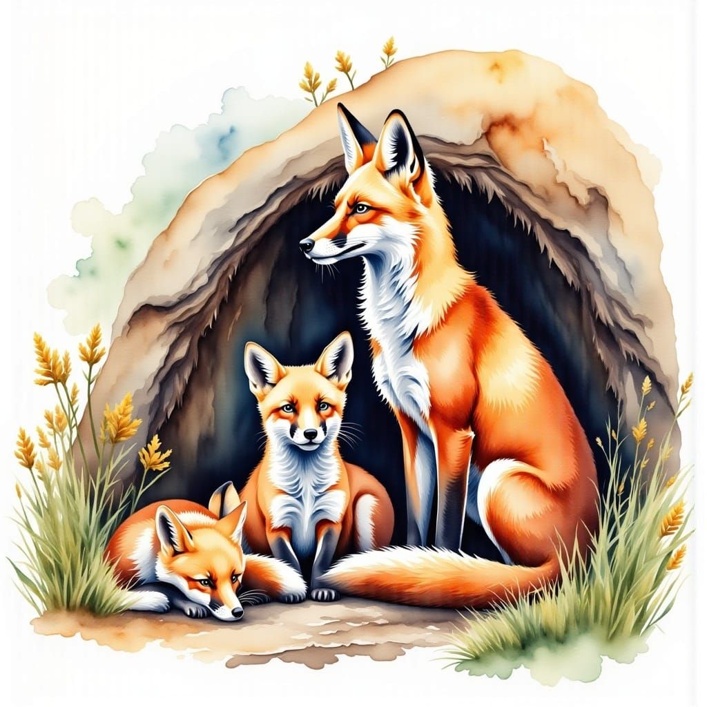 Watercolor Portrait of a Fox Mother and Her Pups in a Tranqu...
